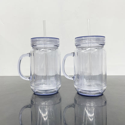 20oz Pre-drilled Double Wall Snow Globe Plastic Mason Jar With Handle and Plug-CNLCA