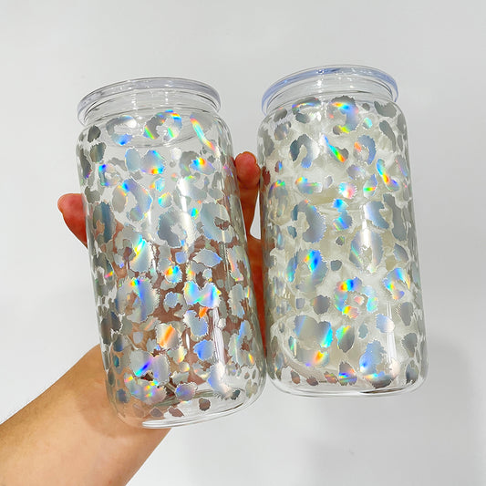 16oz Holographic Print Leopard Clear Glass Can Drinkware With BPA Free PP Lid 50PCS Sold By Case -USLCA