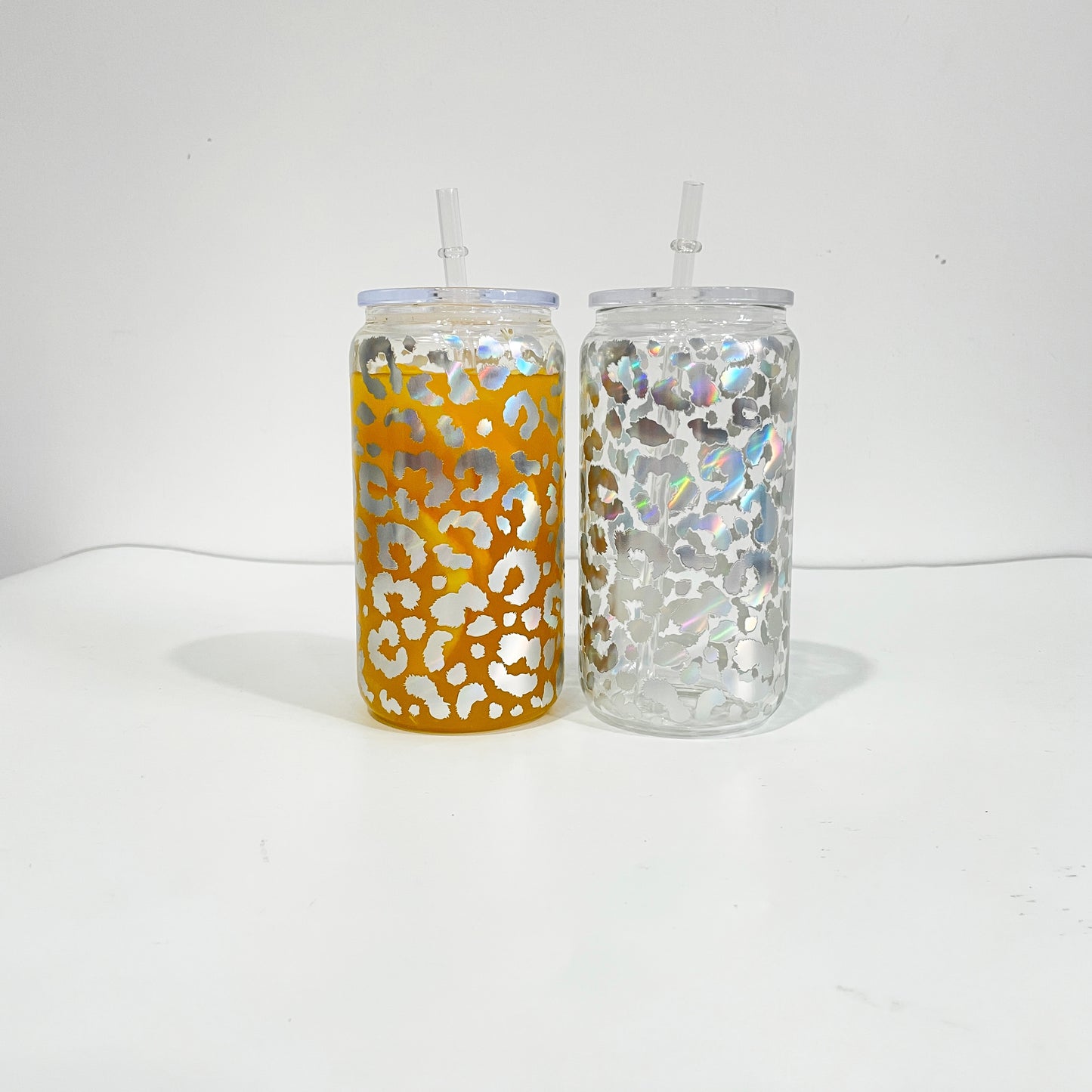 16oz Holographic Print Leopard Clear Glass Can Drinkware With BPA Free PP Lid 50PCS Sold By Case -USLCA