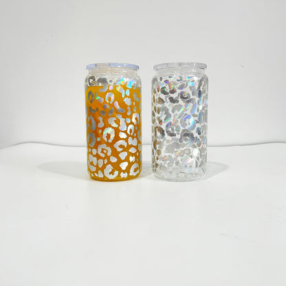 16oz Holographic Print Leopard Clear Glass Can Drinkware With BPA Free PP Lid 50PCS Sold By Case -USLCA