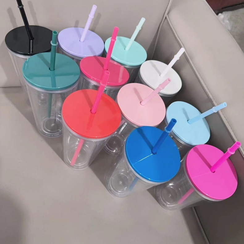 16oz Double Wall Snow Globe Tapered Plastic Cup Tumbler with Pre-drilled Hole and Plug Color Lid-CNLCA