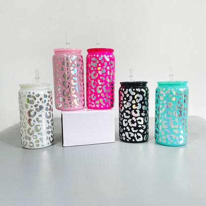 16oz Holographic Print Leopard Glass Can Drinkware With BPA Free PP Lid 50PCS Sold By Case -USLCA