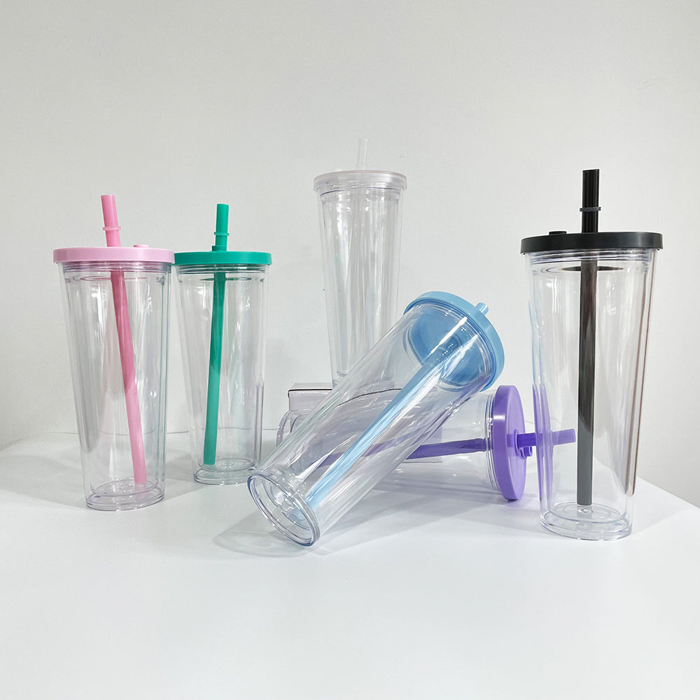 24oz Double Wall Snow Globe Boba Plastic Acrylic Tapered Cup Tumbler with Predrilled Hole-CNLCA