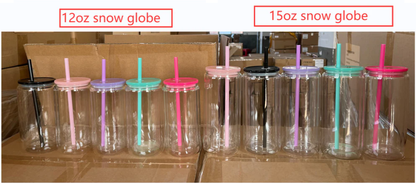 12oz & 15oz Sublimation Snow Globe Double Wall Glass Cans With PP Lids And Colorful Straw - USLCA