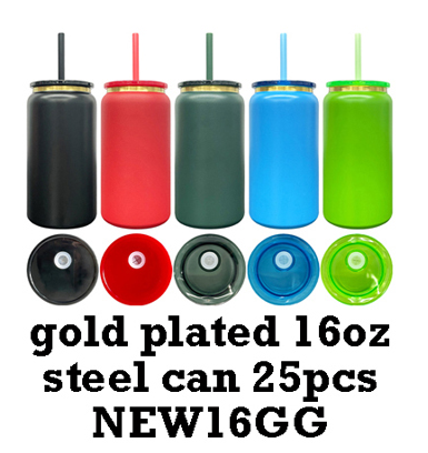 Promotion! 16oz Sublimation /Gold Plated Underneath Powder Coated Colored Stainless Steel Metal Can tumbler-CNLCA