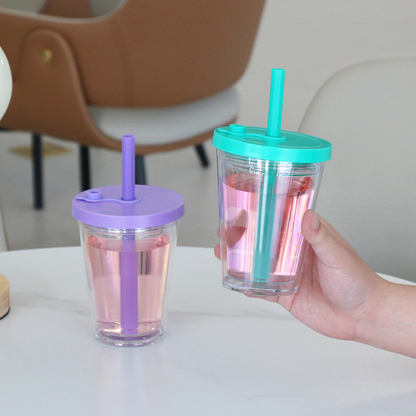 12oz Thick Straw Pearl Milk Tea Double Wall Snow Globe Boba Plastic Tapered Cup Tumbler with Predrilled Hole-CNLCA