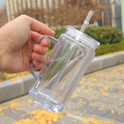 12oz Inner 16oz Outer Double Wall Snow Globe Plastic Acrylic Cup Tumbler with Handle Pre Drilled Hole and Plug-CNLCA