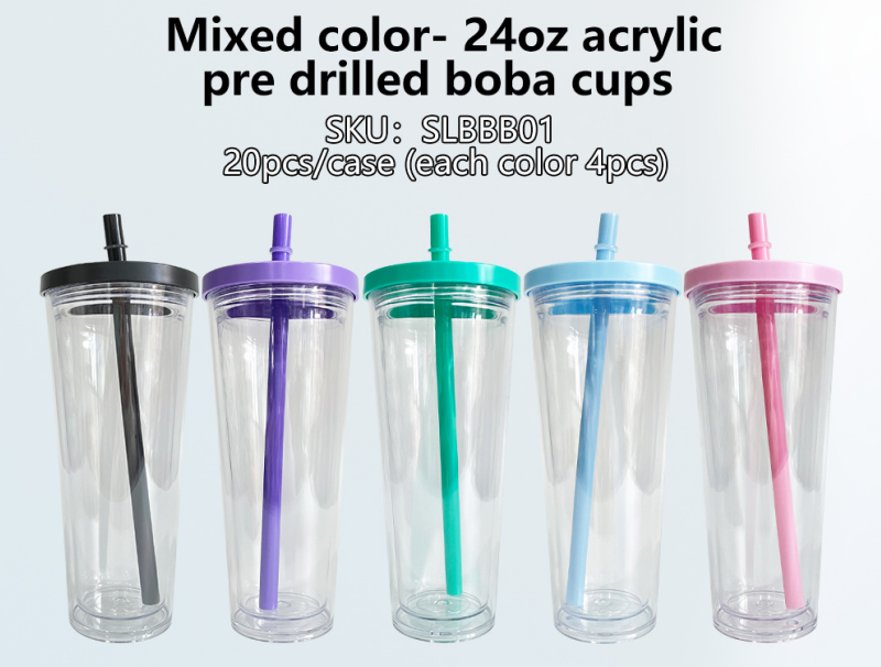 24oz Double Wall Snow Globe Boba Plastic Acrylic Tapered Cup Tumbler with Predrilled Hole-CNLCA