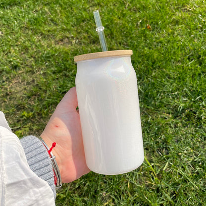 15oz Bamboo Lid Blank Sublimation Shimmer Glitter Sodium Calcium Glass Can Tumbler-CNLCA