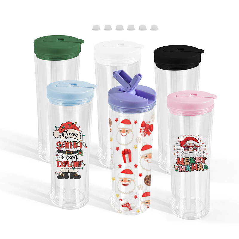 20oz Curved Flip Straw Double Wall Snow Globe Plastic Water Bottle-CNLCA