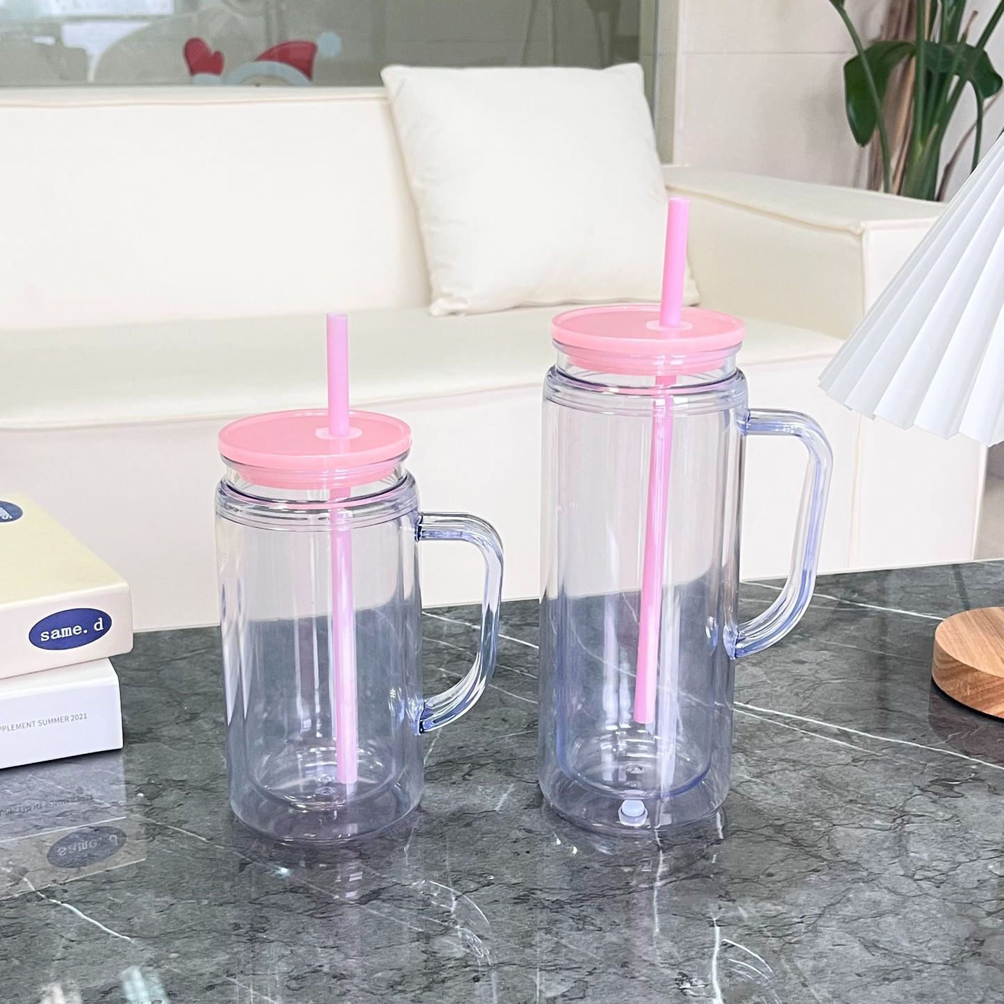 12oz 16oz Muti Color Double Wall Snow Globe Plastic Cup Tumbler with Handle Pre Drilled Hole and Plug-CNLCA