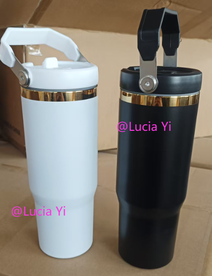 30oz Black White Gold Plated Underneath Powder Coated Flip Straw Water Bottle Tumbler for Laser Engrave-CNLCA