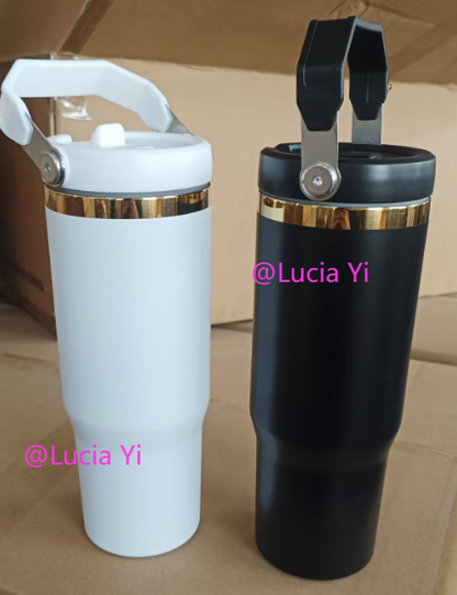 30oz Black White Gold Plated Underneath Powder Coated Flip Straw Water Bottle Tumbler for Laser Engrave-CNLCA