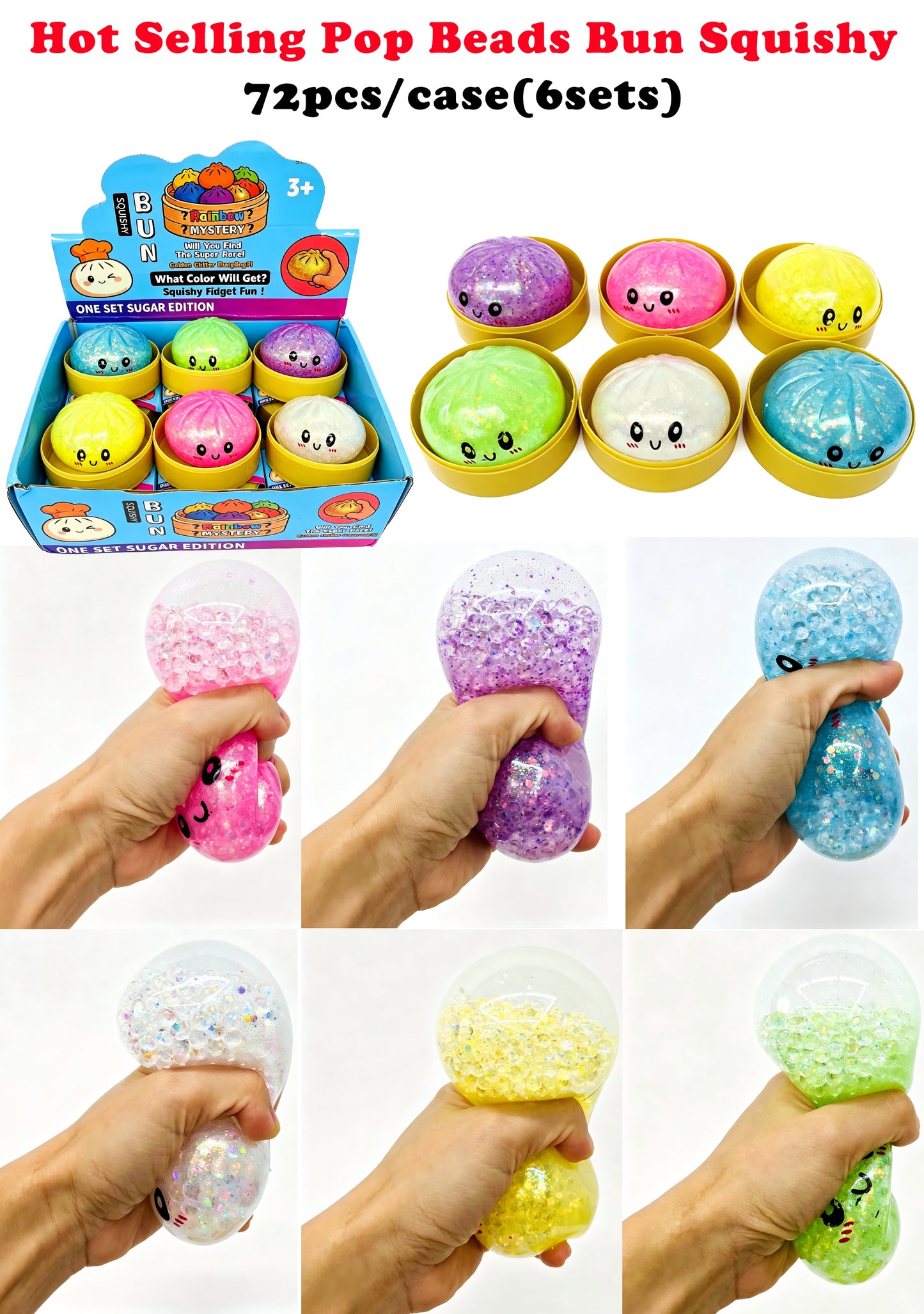 Cute Glitter Bead Pop Bun Squishy Toy Steamed Bao Stress Relief Fidget Blind Box Squeeze Sensory Toy For Kids Adults Anxiety Vent Gift-CNLCA
