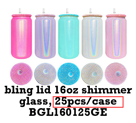 BGL1601 16oz Bling Lid Holographic Shimmer Glitter Blank Sublimation With Bling Rhinestone Plastic Lid-CNLCA