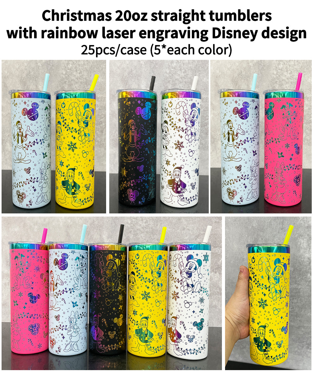 Christmas 20oz Skinny Straight Tumbler With Rainbow Laser Engraving Disney Design-CNLCA