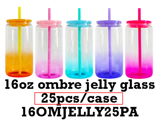 16oz Sublimation Ombre Jelly Color Beer Glass Cup With Plastic Lid -CNLCA