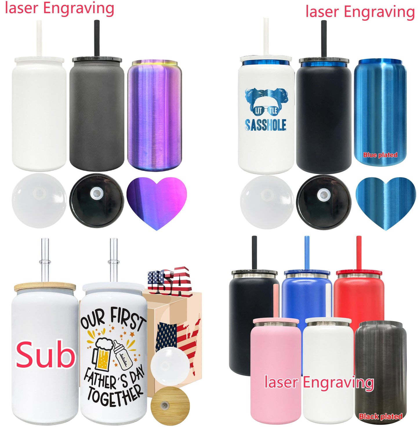 16oz Sublimation /Gold Plated Underneath Powder Coated Colored Stainless Steel Metal Can tumbler-CNLCA