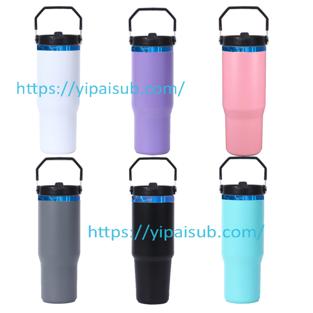 Custom 30oz Black Lid Blue Underneath Powder Coated Flip Straw Tumblers For Laser Engraving -CNLCA