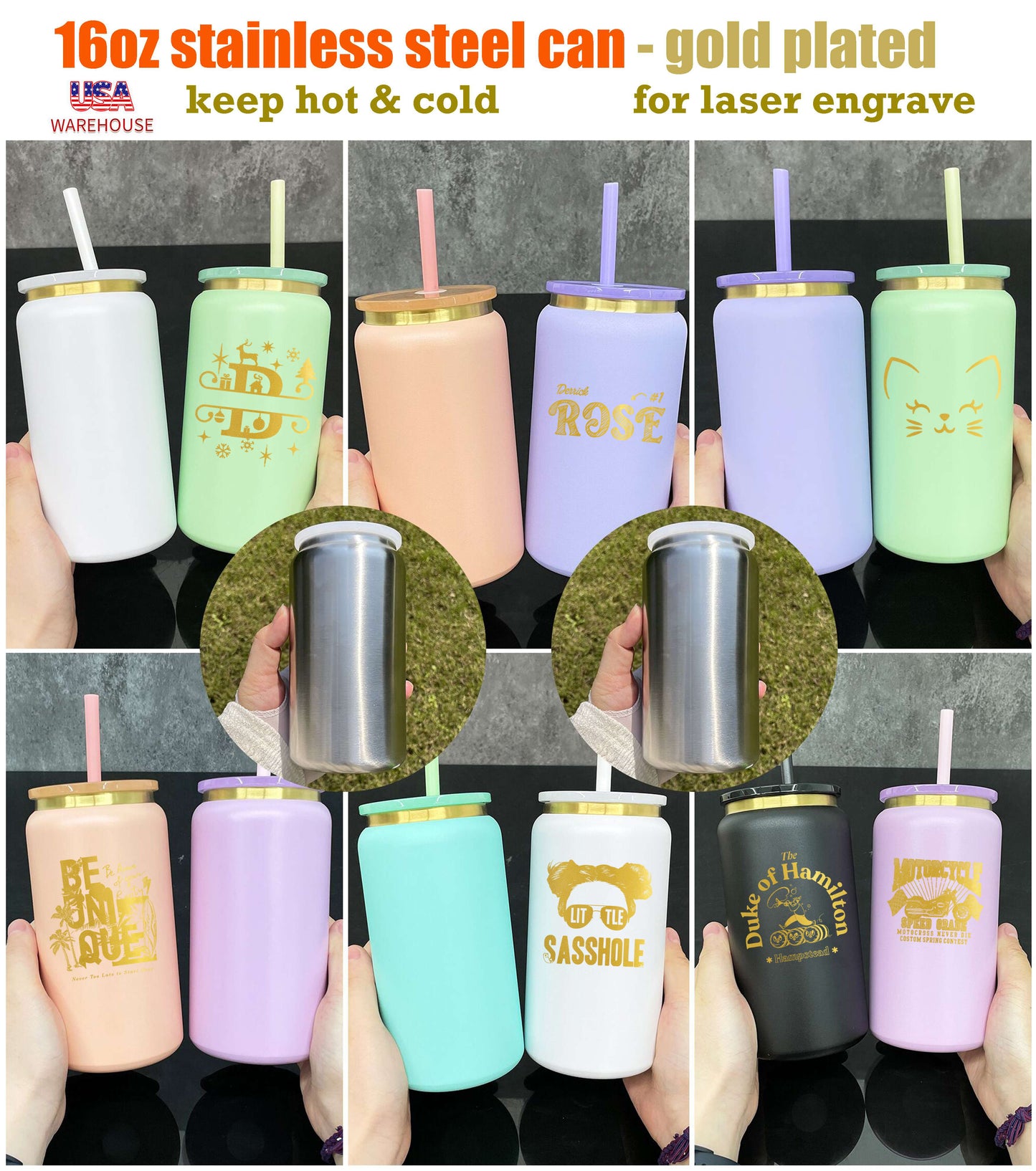 16oz Sublimation /Gold Plated Underneath Powder Coated Colored Stainless Steel Metal Can tumbler-CNLCA