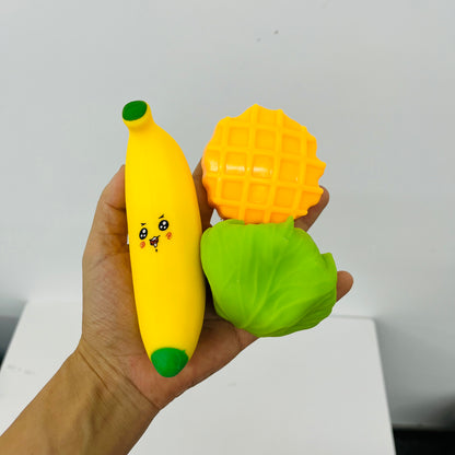 48Pcs 6 In 1 Crunchy Food Shape Squishy Toy Set Strawberry Cabbage Waffle Cheese Banana ASMR Crinkle Sound Squishies Fidget Toys-CNLCA
