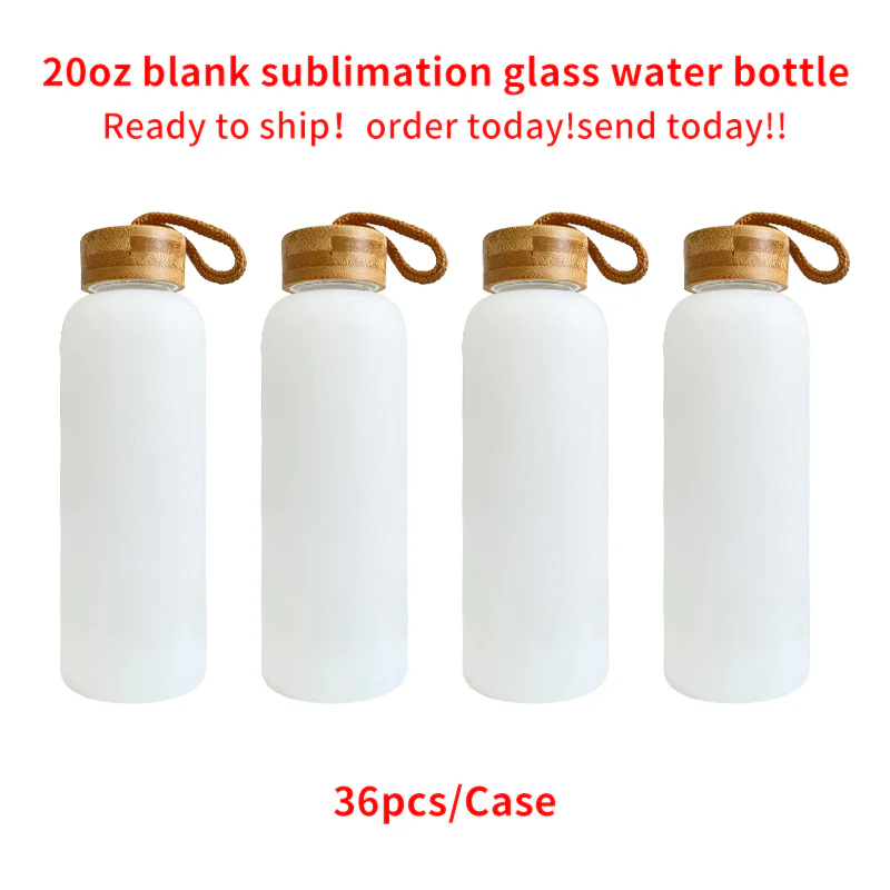 20oz Sublimation White Color Glass Water Bottle With Bamboo Lid -CNLCA