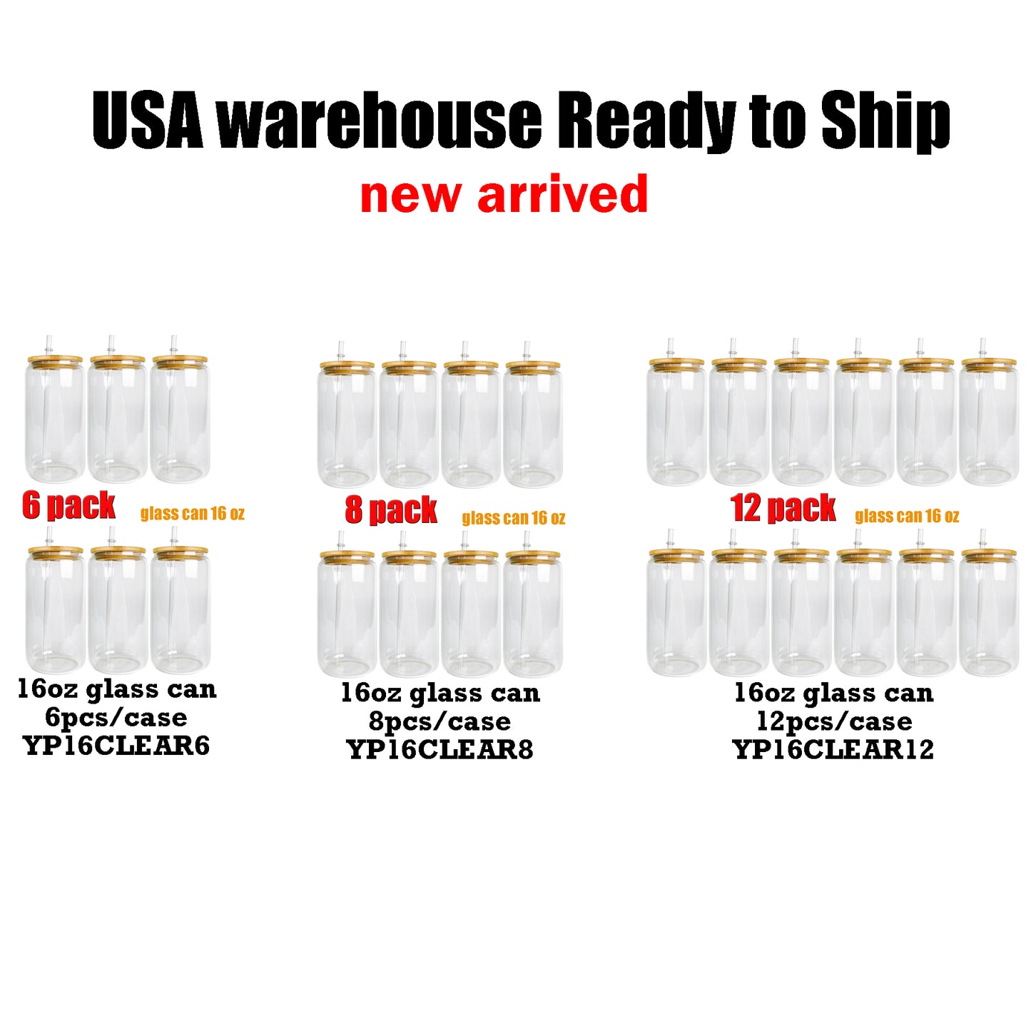 6PACK 8PACK 12PACK USA Warehouse 16oz Clear Blank Sublimation Beer Glass Can With Bamboo Lid-CNLCA