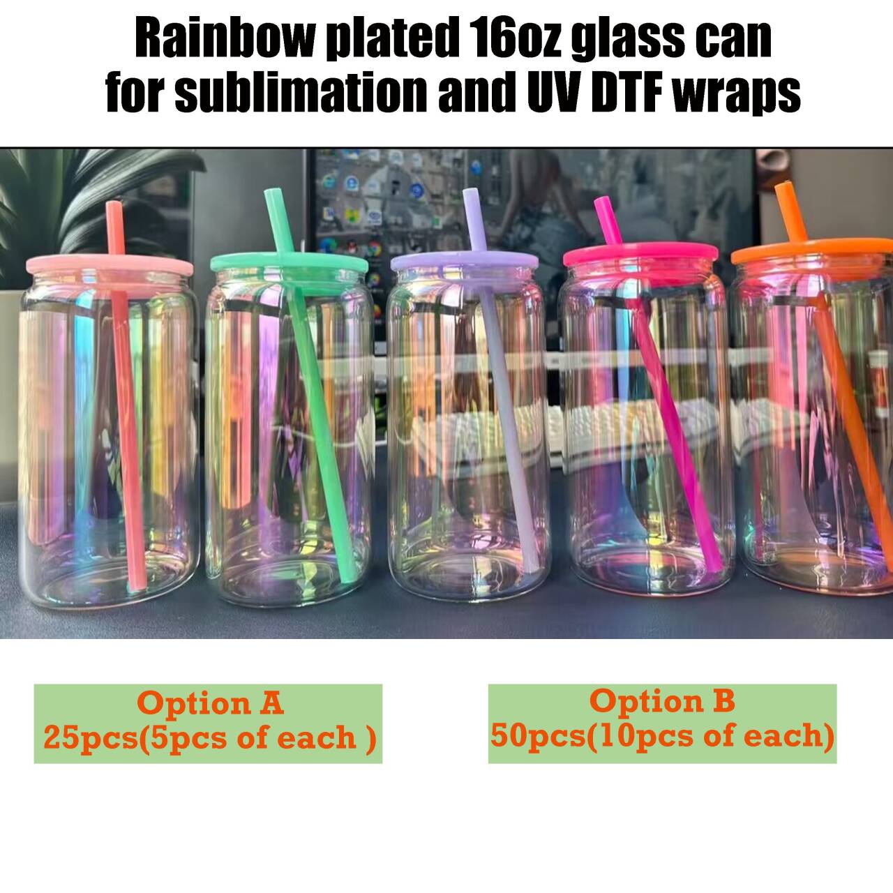 16oz Rainbow Plated Glass Can For Sublimation &UV DTF wraps-CNLCA