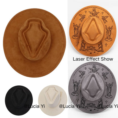 Arrow-shaped Top Broad-Brimmed Bowler Jazz Hat Vegan Leather Fedora Hats with Tassel for Laser-CNLCA