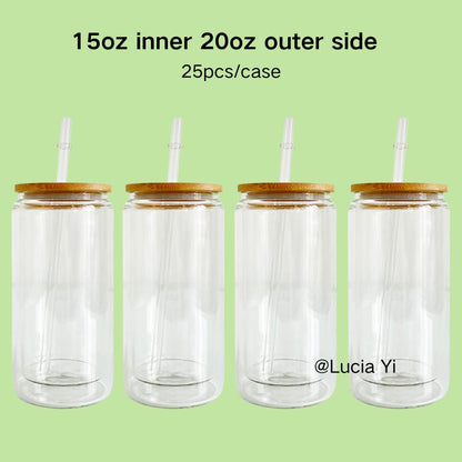 12oz 15oz 20oz Blank Sublimation Snow Globe Double Wall Glass Can Tumbler with Bamboo Lid-CNLCA