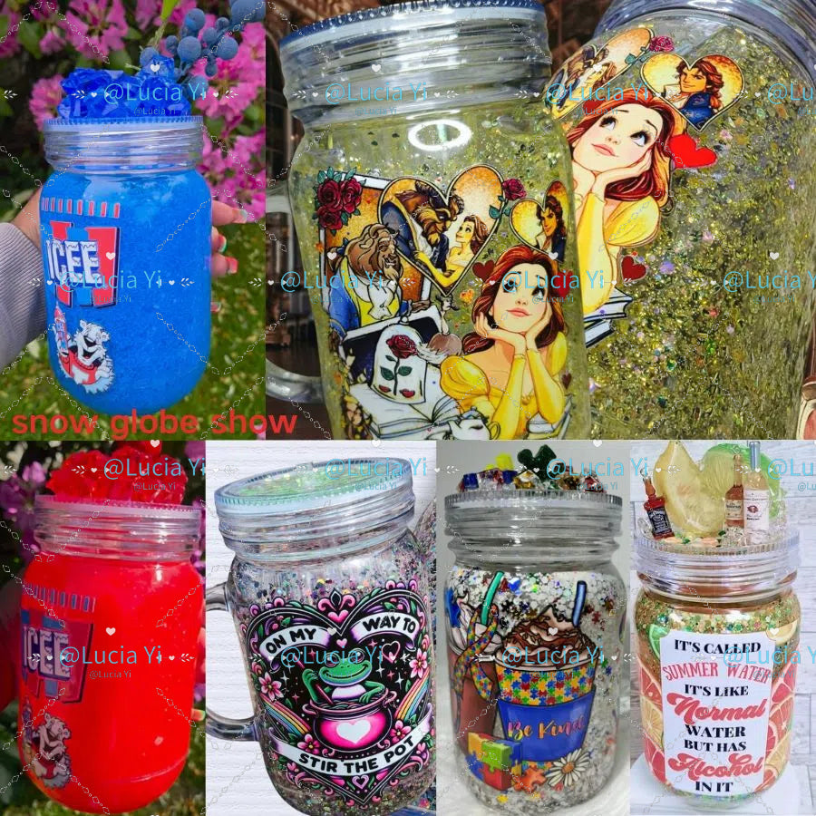 20oz Pre-drilled Double Wall Snow Globe Plastic Mason Jar With Handle and Plug-CNLCA