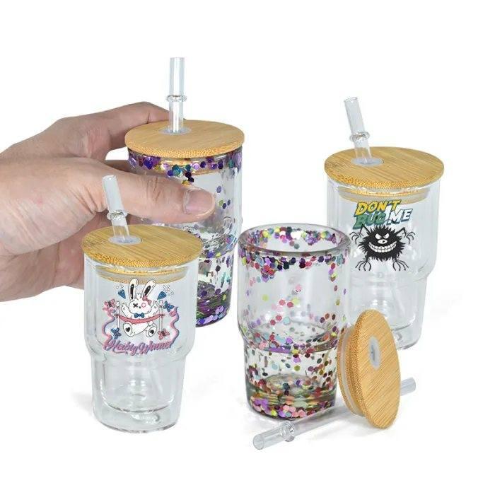 3oz Blank Sublimation Snow Globe Double Walled Mini Shot Glass Can With Lid And Straw-CNLCA