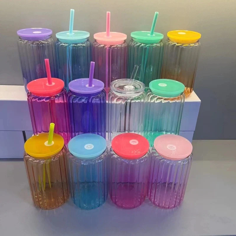 16oz Strip Jelly Color Sublimation Glass Can With Colored Plastic Lid -CNLCA