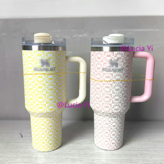 40oz Yellow Peach Whip Sunflower Stainess Steel Stanley Style Quencher Tumbler-CNLCA