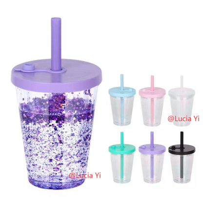12oz Thick Straw Pearl Milk Tea Double Wall Snow Globe Boba Plastic Tapered Cup Tumbler with Predrilled Hole-CNLCA