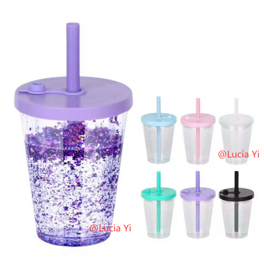 12oz Thick Straw Pearl Milk Tea Double Wall Snow Globe Boba Plastic Tapered Cup Tumbler with Predrilled Hole-CNLCA