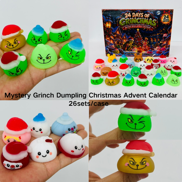 26sets TPR 24 Days Mystery Grinch Dumpling Christmas Advent Calendar Blind Box Mini Squishy Fidget Toys for Christmas Countdown-CNLCA