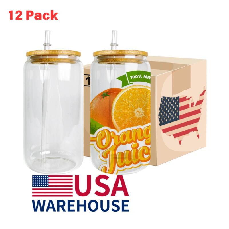 6PACK 8PACK 12PACK USA Warehouse 16oz Clear Blank Sublimation Beer Glass Can With Bamboo Lid-CNLCA