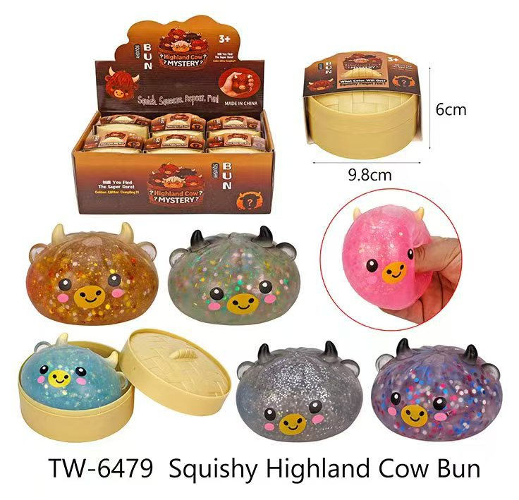 72pcs Glitter Highland Cow Dumplings Squishy Toys Pectin Filled Soft Dumplings Bao Bun Squeeze Fidget Toy-CNLCA