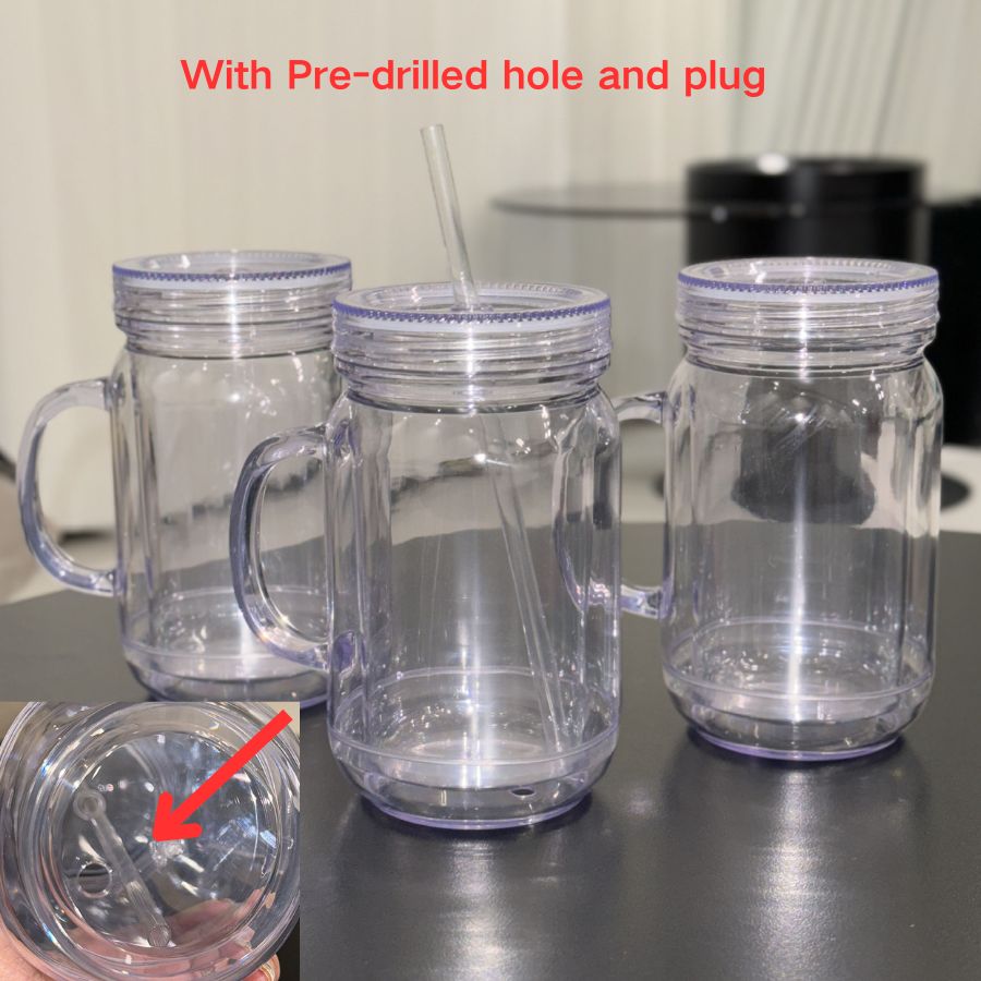 20oz Double Wall Snow Globe Plastic Mason Jar With Pre-drilled Hole & Plug-CNLCA