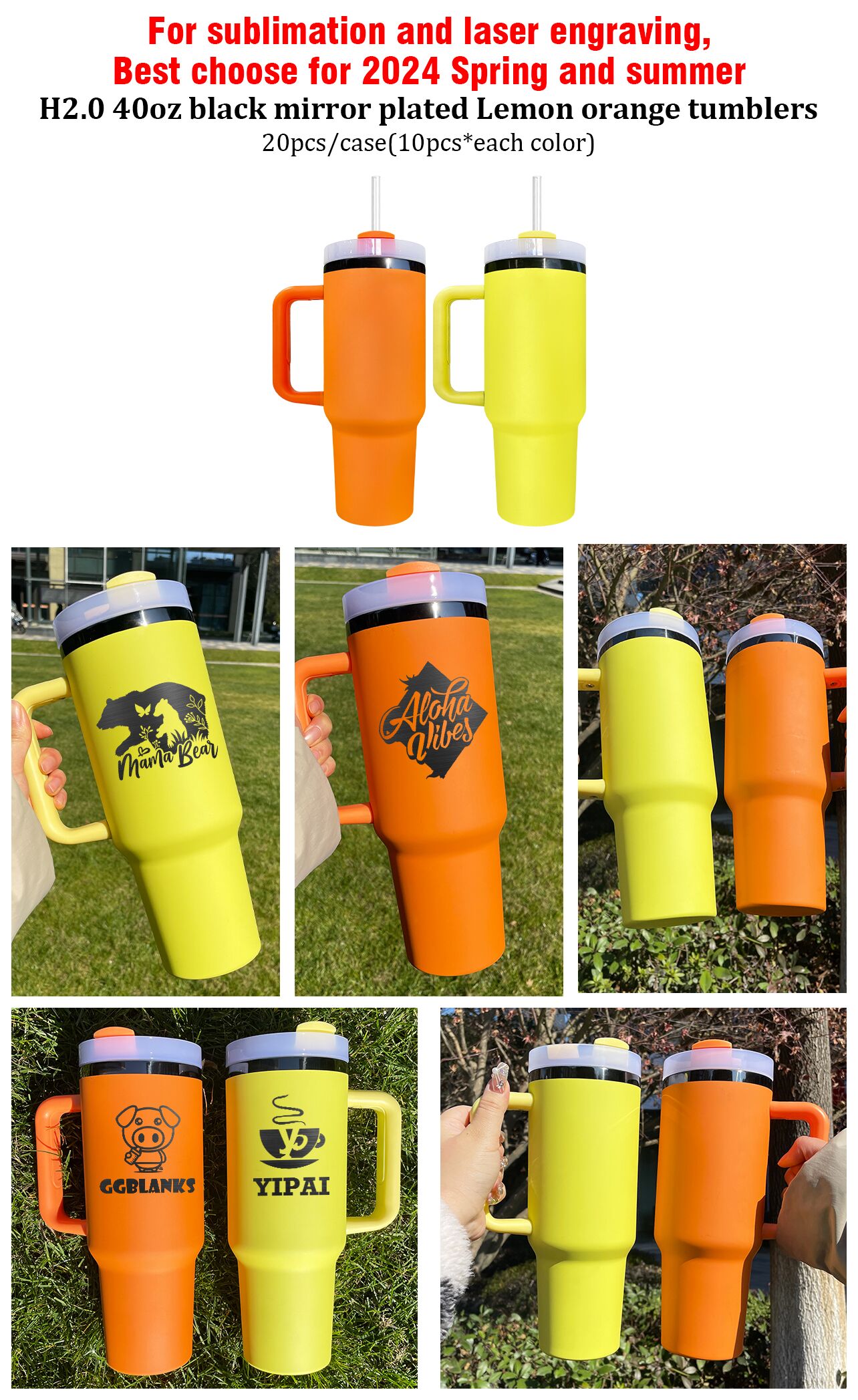 40oz H2.0 Powder Coated Black Mirrow Plated Underneath Lemon Orange Tumbler For Laser Engraved-CNLCA