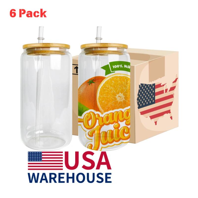 6PACK 8PACK 12PACK USA Warehouse 16oz Clear Blank Sublimation Beer Glass Can With Bamboo Lid-CNLCA