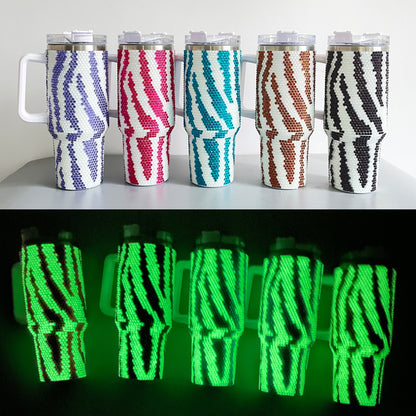 40oz Glow In Dark Bling Zebra Pattern Rhinestone Full Coverd Travel Mug Tumbler With Handle Lid And Straw-USLCA