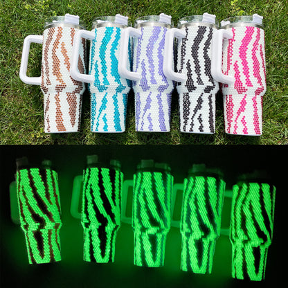 40oz Glow In Dark Bling Zebra Pattern Rhinestone Full Coverd Travel Mug Tumbler With Handle Lid And Straw-USLCA