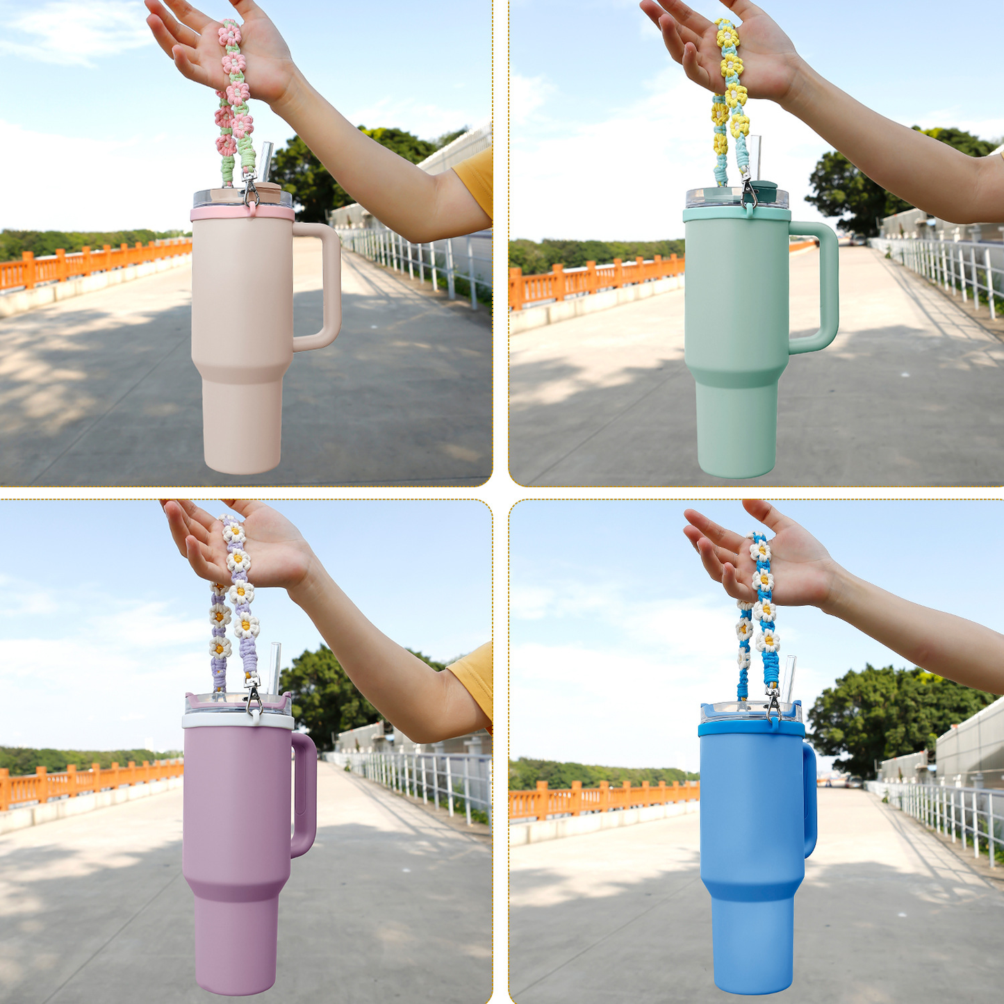 Hand-woven Daisy Flower Water Bottle Cup Handle Portable String Stanley Accessory Tumbler Carriers Strap-CNLCA