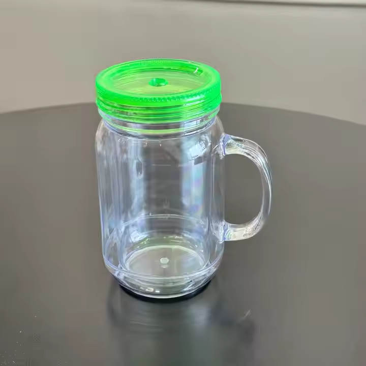 20oz Colorful Lid Double Wall Snow Globe Plastic Mason Jar With Pre-drilled Hole & Plug-CNLCA