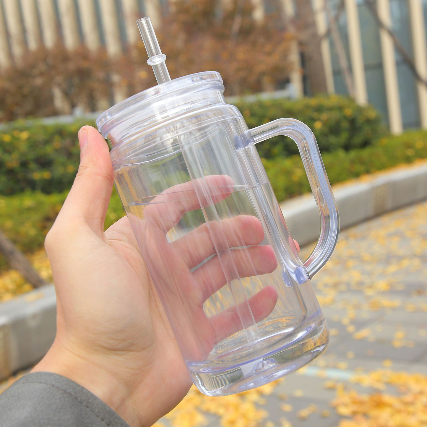 12oz Inner 16oz Outer Double Wall Snow Globe Plastic Acrylic Cup Tumbler with Handle Pre Drilled Hole and Plug-CNLCA