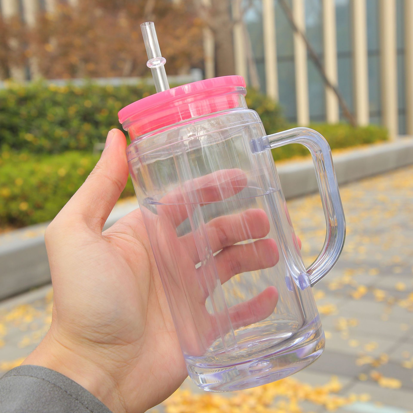 12oz Inner 16oz Outer Double Wall Snow Globe Plastic Acrylic Cup Tumbler with Handle Pre Drilled Hole and Plug-CNLCA