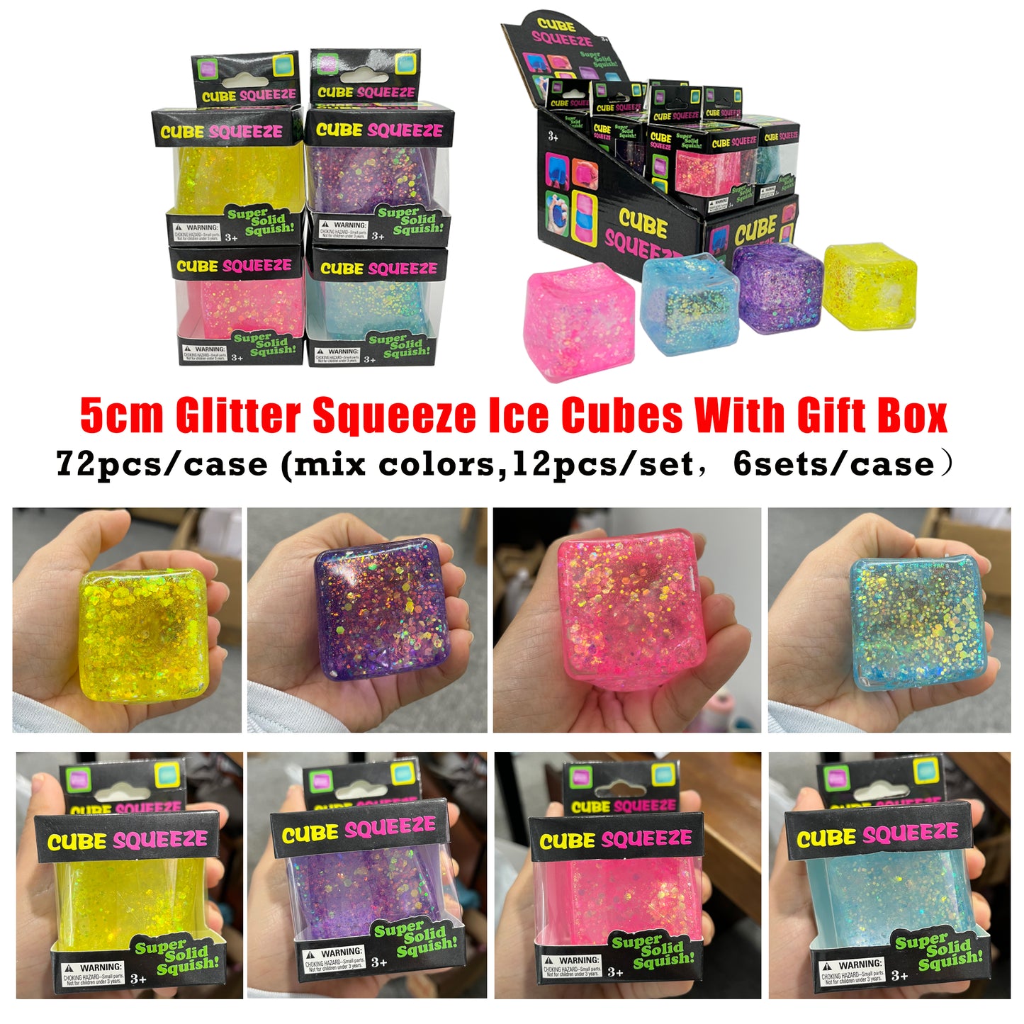 5cm Sparkly Glitter Ice Cube Squishy Toy Slow Rising Solid Squish Cube Squeeze Fidget Toys Stress Relief Sensory Hand Toy Gifts for Anxiety ADHD-CNLCA