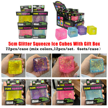5cm Sparkly Glitter Ice Cube Squishy Toy Slow Rising Solid Squish Cube Squeeze Fidget Toys Stress Relief Sensory Hand Toy Gifts for Anxiety ADHD-CNLCA